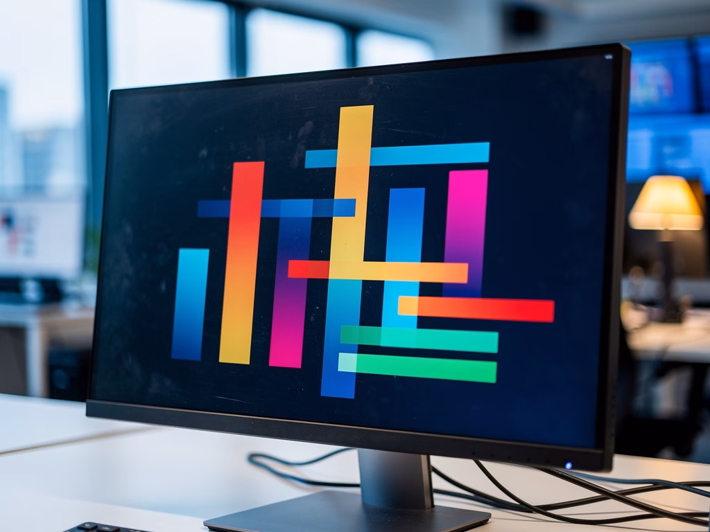 tela de monitor exibindo gráfico de barras colorido em ambiente de escritório com luz ambiente suave