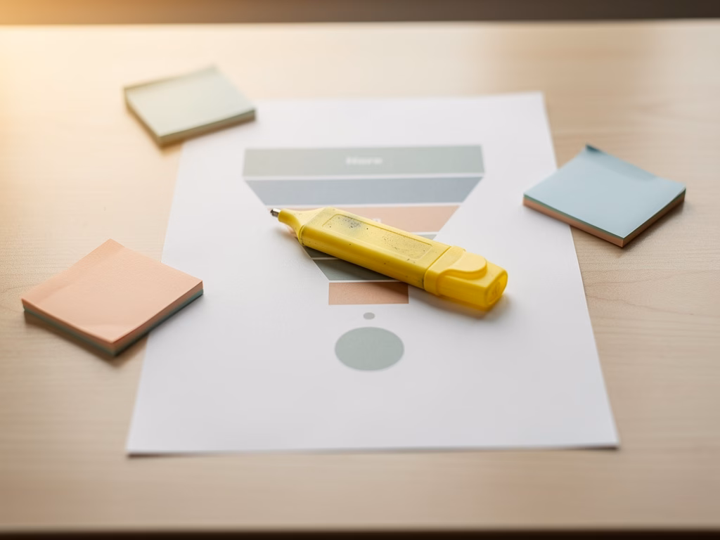 Close-up of a printed funnel diagram on a desk beside a highlighter and sticky notes