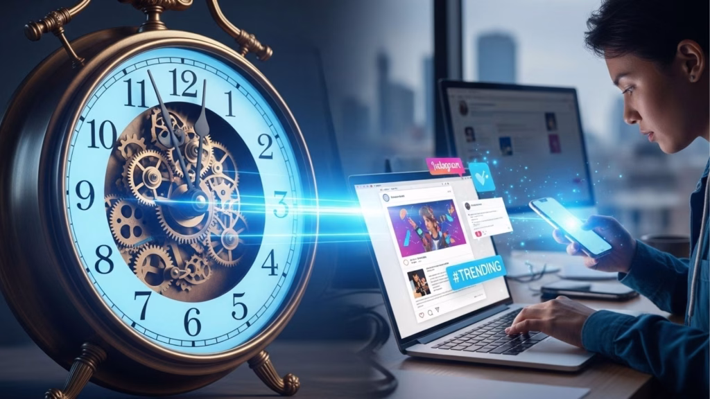 Um relógio vintage com engrenagens visíveis em primeiro plano, enquanto ao fundo, uma pessoa olha para uma tela de computador e um celular, com notificações de redes sociais como Instagram e Twitter, destacando o conceito de tempo e tendências digitais.