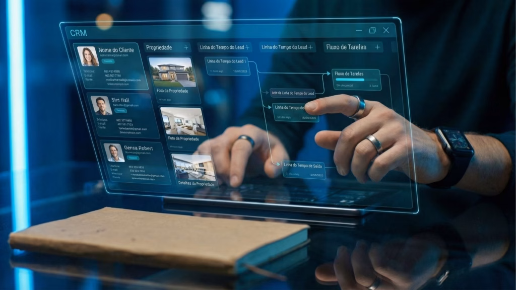 Foco nas mãos de uma pessoa interagindo com uma tela holográfica transparente e luminosa que projeta a interface de um sistema CRM. A tela exibe perfis com "Nome do Cliente", fotos sob a aba "Propriedade" e diagramas de "Linha do Tempo do Lead" e "Fluxo de Tarefas". Em primeiro plano, sobre a mesa refletora, repousa um caderno físico desfocado.