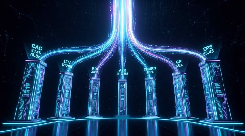 Ilustração de um ambiente digital escuro onde um feixe central de cabos de dados luminosos, em tons de azul neon e roxo, desce do topo da imagem e se ramifica em seis direções. Cada ramificação se conecta ao topo de um pilar cibernético retangular decorado com circuitos brilhantes. Acima de cada pilar, projeções holográficas exibem as seguintes siglas e métricas financeiras: "CAC $145 / 8.8x", "LTV $1280", "ROI 340%", "ARR $12.5M", "CHURN 2.1%" e "EPS $3.45".