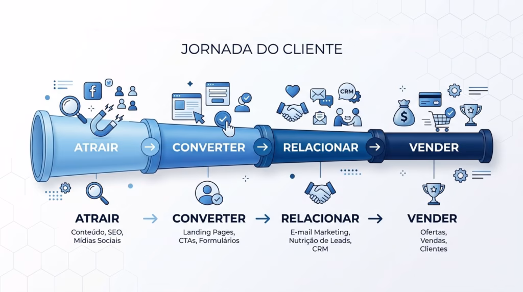 Infográfico intitulado "JORNADA DO CLIENTE", apresentando as quatro etapas de um funil de marketing representadas como as seções de um telescópio horizontal, indo do azul claro ao azul escuro. Da esquerda para a direita: a primeira etapa é "ATRAIR" (Conteúdo, SEO, Mídias Sociais) com ícones de ímã, lupa e redes sociais; a segunda é "CONVERTER" (Landing Pages, CTAs, Formulários) com ícones de páginas da web; a terceira é "RELACIONAR" (E-mail Marketing, Nutrição de Leads, CRM) com ícones de aperto de mãos e e-mails; e a quarta é "VENDER" (Ofertas, Vendas, Clientes) com ícones de cifrão, carrinho de compras e um troféu.