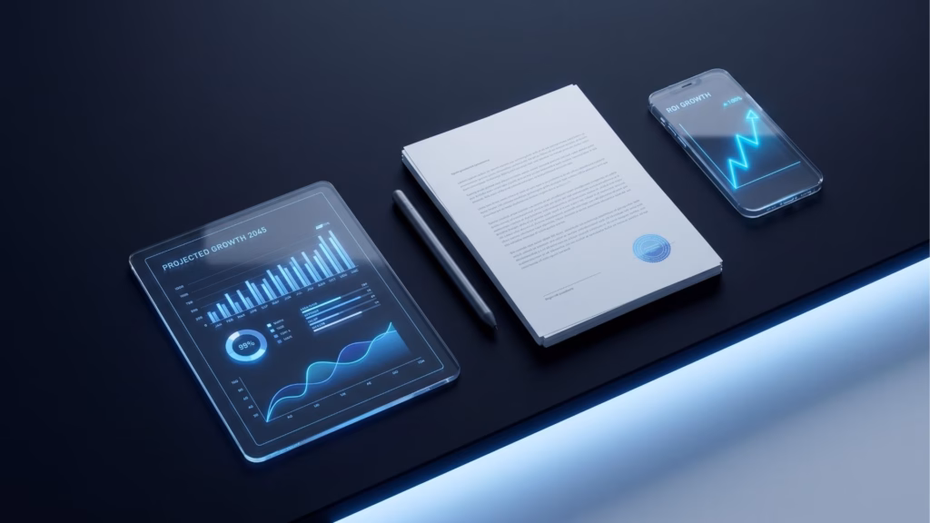 Vista superior de uma mesa de trabalho minimalista e escura. Sobre ela, há um tablet digital transparente exibindo projeções de crescimento para 2045, uma caneta stylus prateada, uma pilha de documentos de papel com um selo azul e um smartphone mostrando um gráfico de "Crescimento de ROI". Todos os dispositivos emitem um brilho azul neon, e uma faixa de luz suave ilumina a borda inferior da mesa.
