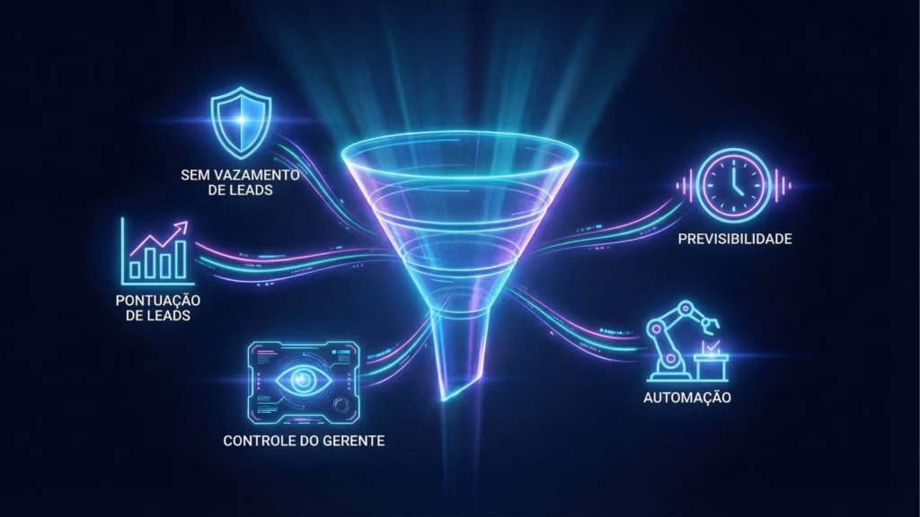 Ilustração futurista em neon azul e roxo sobre um fundo escuro, mostrando um funil de vendas central brilhante. Ao redor do funil, linhas de luz se conectam a ícones e textos que destacam benefícios de um CRM: "Sem vazamento de leads" com um escudo, "Pontuação de leads" com um gráfico, "Controle do gerente" com um olho digital, "Previsibilidade" com um relógio e "Automação" com um braço robótico.