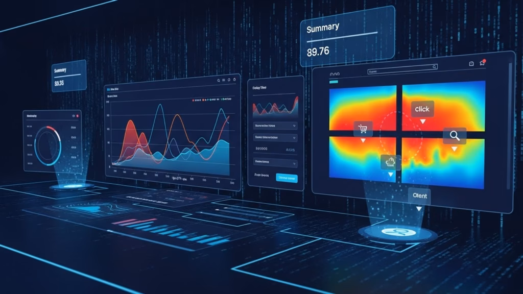 Interface digital com múltiplos gráficos interativos, incluindo curvas de desempenho, mapas de calor de cliques e painéis de dados, em um fundo escuro com efeitos visuais tecnológicos.