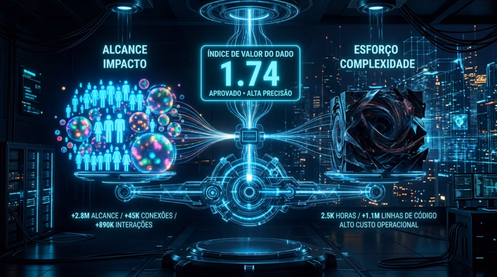Uma visualização de dados tecnológica e analítica que apresenta uma balança de precisão futurista flutuando acima de uma paisagem urbana cibernética à noite. O prato esquerdo da balança contém uma representação gráfica de "ALCANCE IMPACTO" através de um aglomerado de ícones de pessoas e bolhas de dados, com texto de suporte "+2.8M ALCANCE / +45K CONEXÕES / +890K INTERAÇÕES". O prato direito contém um cubo fractal escuro representando "ESFORÇO COMPLEXIDADE", com texto de suporte "2.5K HORAS / +1.1M LINHAS DE CÓDIGO / ALTO CUSTO OPERACIONAL". No centro da balança, um painel holográfico exibe "ÍNDICE DE VALOR DO DADO", o número "1.74", e "APROVADO • ALTA PRECISÃO". A cena inteira é banhada por luzes neon azuis e roxas.
