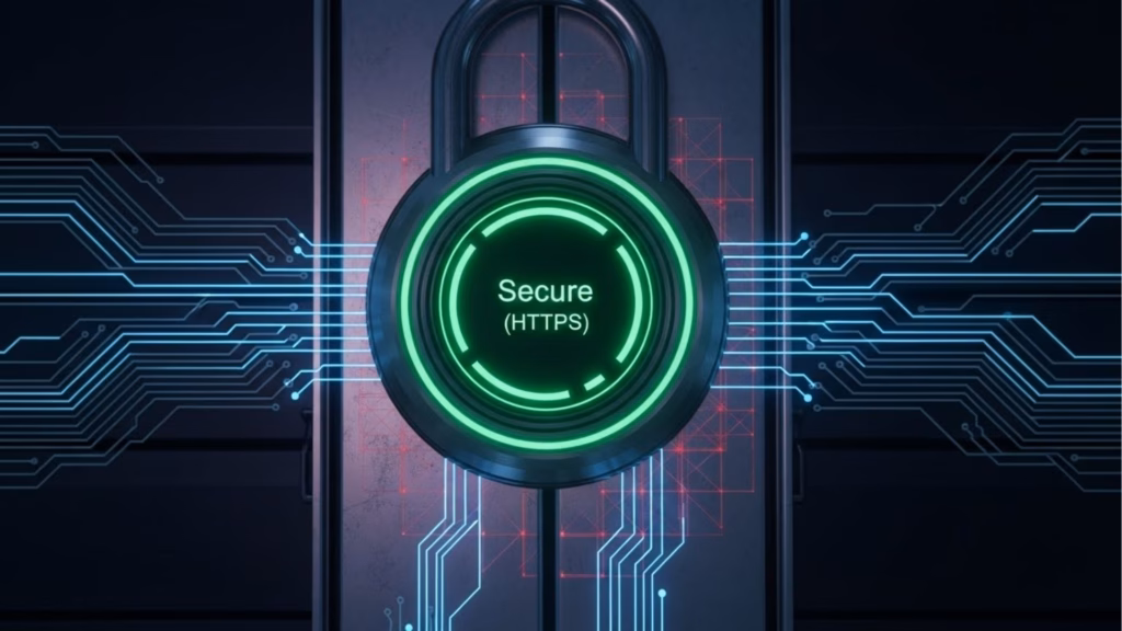 Cadeado digital com luz verde e a inscrição “Secure (HTTPS)” no centro, conectado a circuitos eletrônicos simulando proteção de dados online.