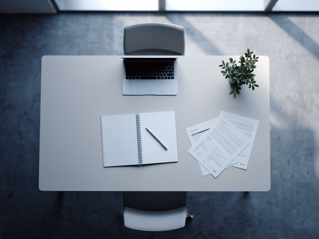 Overhead view of an empty conference room table with a laptop, open notebook, and scattered documents