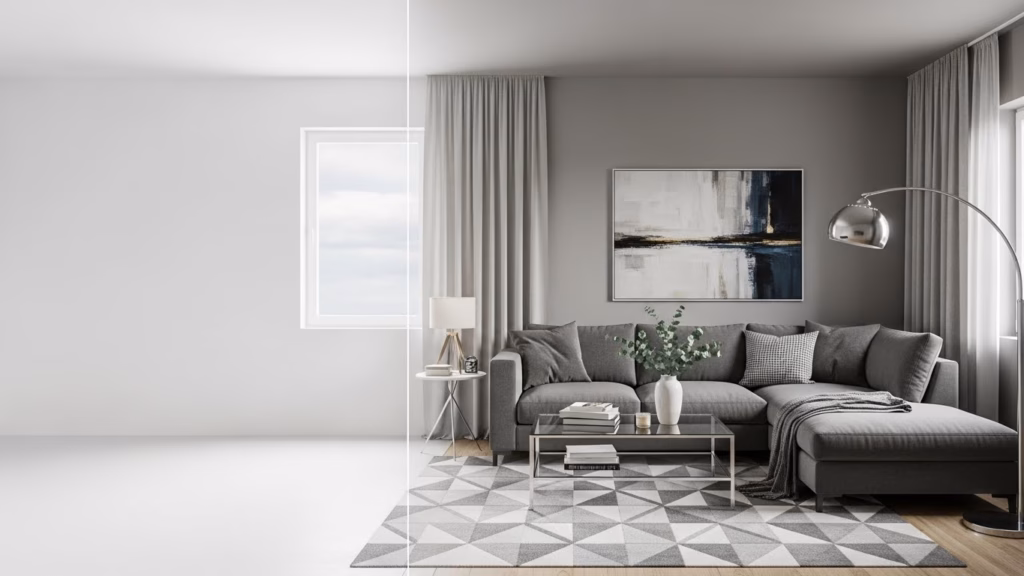 Sala dividida ao meio mostrando contraste entre um ambiente vazio e outro decorado com sofá cinza em L, tapete geométrico, mesa de centro com livros, luminária de chão e cortinas claras; uma janela ao fundo.