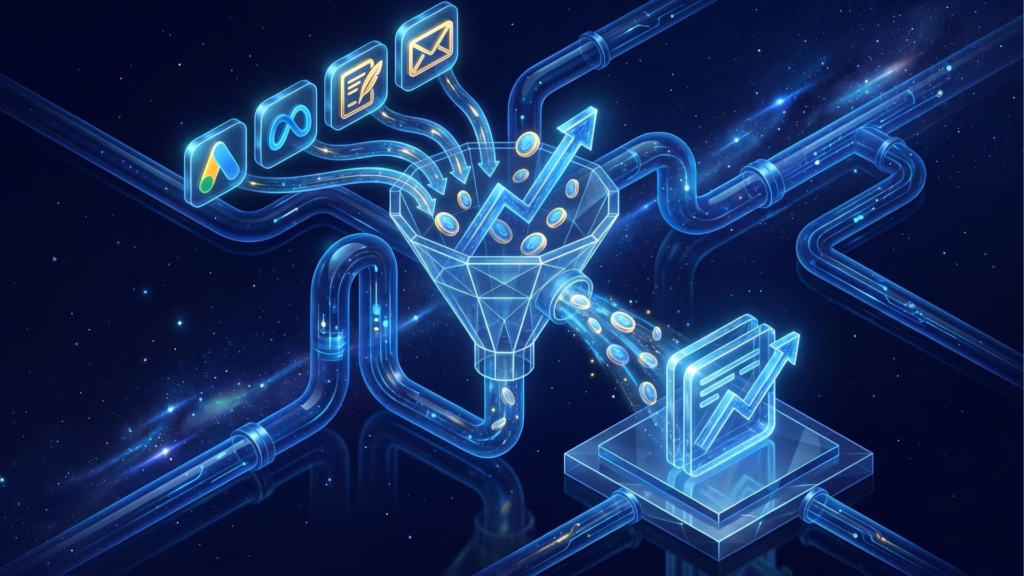 ustração digital em estilo futurista e neon azul sobre um fundo espacial. No centro, um funil translúcido recebe ícones de canais de marketing (Google Ads, Meta, escrita e e-mail) através de tubulações de luz. Dentro do funil, moedas com o símbolo de cifrão se transformam em um gráfico de crescimento ascendente. À direita, o resultado sai do funil como um documento digital exibindo um gráfico de lucro em alta.