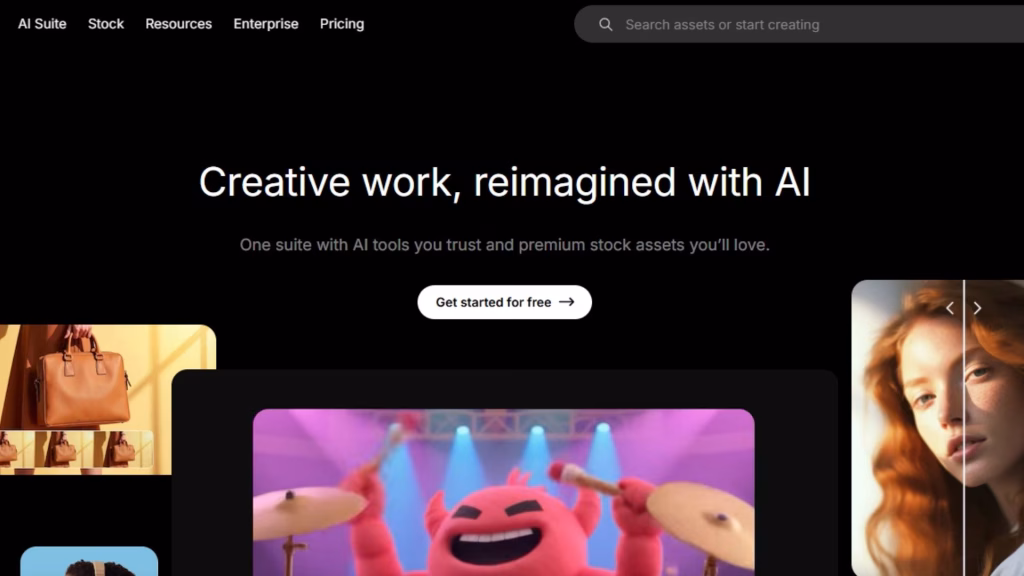 Site Freepik com fundo preto, texto “Creative work, reimagined with AI” e imagens promocionais de produtos e edição de fotos.
