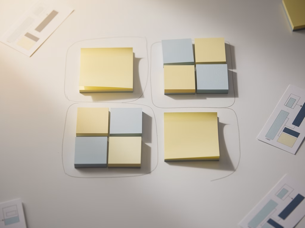 blocos de post-its organizados em grupos sobre superfície branca com marcações a lápis