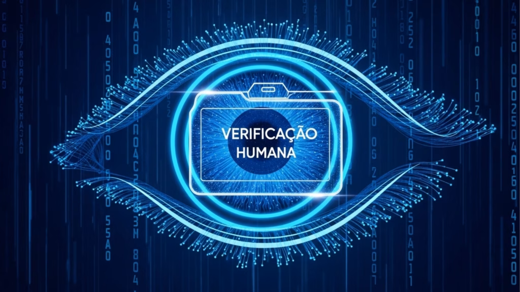 Representação gráfica de um olho tecnológico estilizado. No centro da pupila, há um ícone de câmera dentro de uma moldura digital com o texto "VERIFICAÇÃO HUMANA", destacando o conceito de autenticidade e segurança digital.