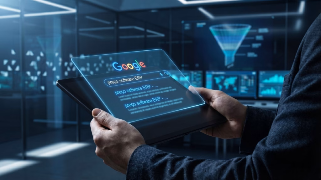 Uma visão próxima de um homem com as mãos segurando um tablet transparente. O tablet exibe uma página de resultados de pesquisa do Google, com a barra de pesquisa contendo o texto 'preço software ERP'. Vários resultados de pesquisa listados abaixo mostram parágrafos de descrição. No fundo, um ambiente de escritório tecnológico escuro com racks de servidores e uma projeção holográfica de um funil de vendas na parede.