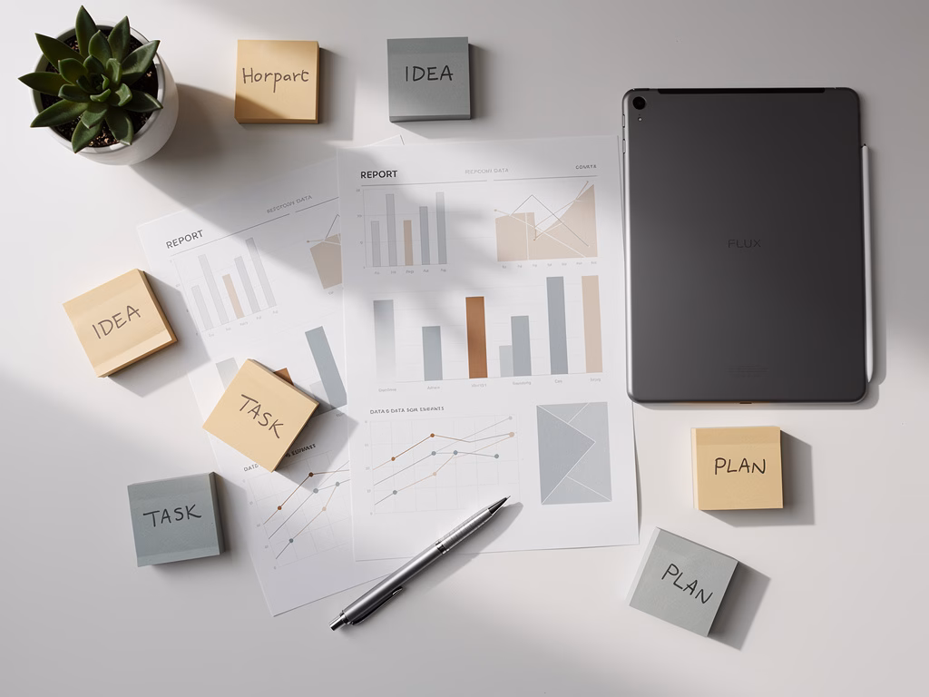 Organized desk with printed data sheets, sticky notes, and a tablet showing abstract bar charts in a neutral office setting