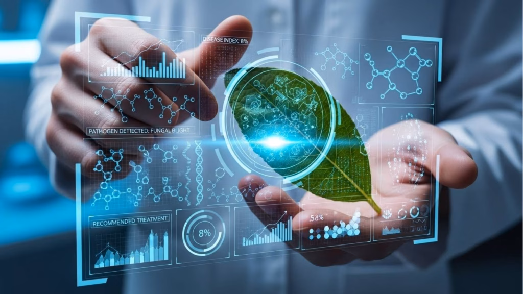 Um cientista segurando uma folha enquanto examina dados digitais sobre patógenos e tratamentos agrícolas, representando o uso de tecnologia para monitorar e tratar doenças em plantas.