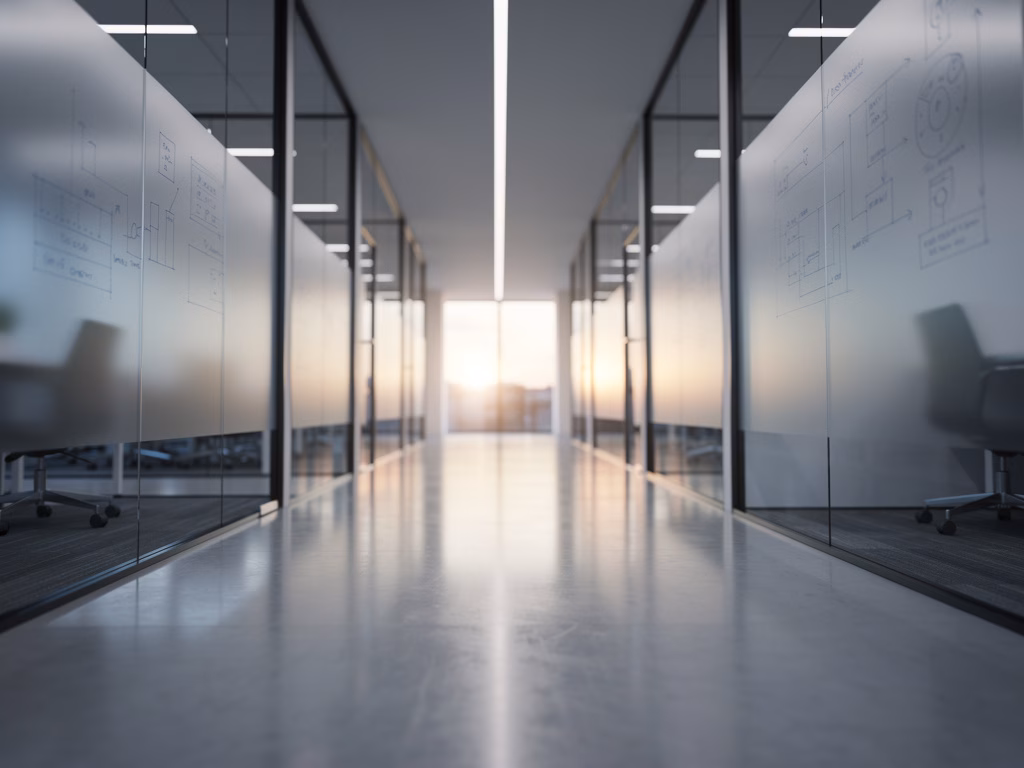corredor vazio de escritório corporativo com portas envidraçadas e reflexo de luz natural no piso