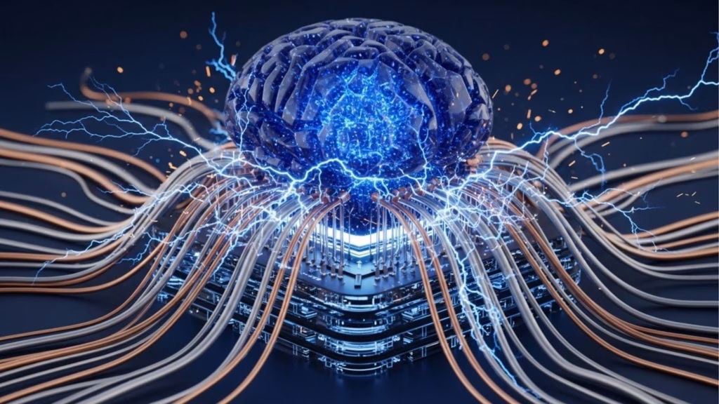Um cérebro humano translúcido e azulado posicionado sobre uma base de processamento central (CPU). Inúmeros cabos de dados conectam-se à base enquanto faíscas elétricas emanam do conjunto, simbolizando a inteligência de dados aplicada ao marketing.