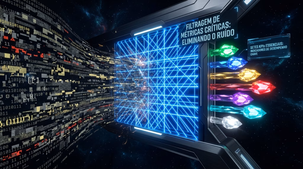 Ilustração conceitual e futurista ambientada em um fundo escuro semelhante ao espaço sideral. À esquerda, uma torrente caótica de dados brutos e códigos binários dourados e brancos se choca contra uma matriz ou grade de energia azul brilhante. Ao atravessar essa barreira, os dados são transformados e saem do lado direito como sete cristais polidos e coloridos (verde, azul escuro, amarelo, vermelho, roxo, azul claro e branco). Painéis flutuantes descrevem o processo com os textos: "FILTRAGEM DE MÉTRICAS CRÍTICAS: ELIMINANDO O RUÍDO" e "SETE KPIs ESSENCIAIS: INDICADORES DE DESEMPENHO CHAVE".