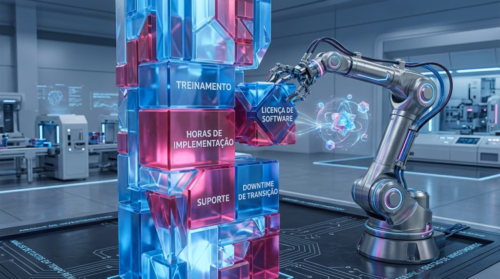 Ilustração de um ambiente de laboratório tecnológico e limpo onde um braço robótico industrial metálico está construindo uma torre de blocos retangulares translúcidos. Os blocos são nas cores azul e magenta brilhantes e possuem textos gravados. O braço robótico segura um bloco azul com o texto "LICENÇA DE SOFTWARE", prestes a encaixá-lo na estrutura principal. Os blocos que já formam a torre contêm os textos "TREINAMENTO", "HORAS DE IMPLEMENTAÇÃO", "SUPORTE" e "DOWNTIME DE TRANSIÇÃO", representando visualmente a composição e montagem das etapas ou custos de um projeto.