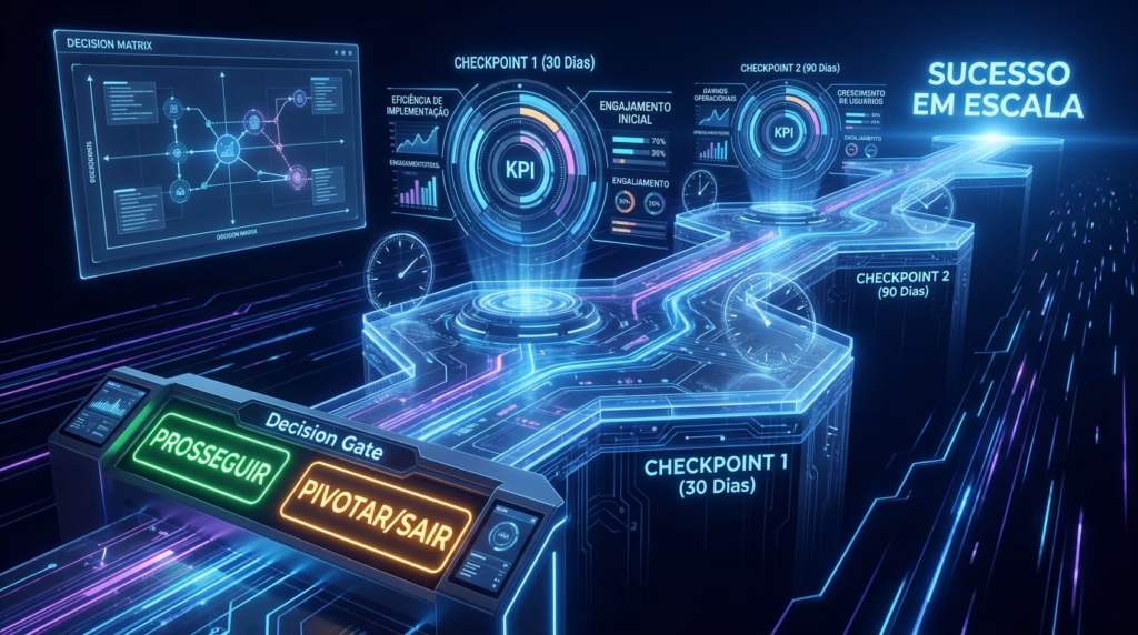 Ilustração de um caminho digital tecnológico iluminado por neon azul e roxo, simulando uma jornada de processos. Em primeiro plano, um painel de controle chamado "Decision Gate" apresenta dois grandes botões: um verde escrito "PROSSEGUIR" e um laranja escrito "PIVOTAR/SAIR". O caminho avança por plataformas marcadas como "CHECKPOINT 1 (30 Dias)" e "CHECKPOINT 2 (90 Dias)", ambas exibindo hologramas circulares com a sigla "KPI" e gráficos de desempenho. O caminho culmina em uma luz intensa no canto superior direito acompanhada do texto "SUCESSO EM ESCALA". À esquerda, uma tela flutuante exibe uma "DECISION MATRIX" (Matriz de Decisão).