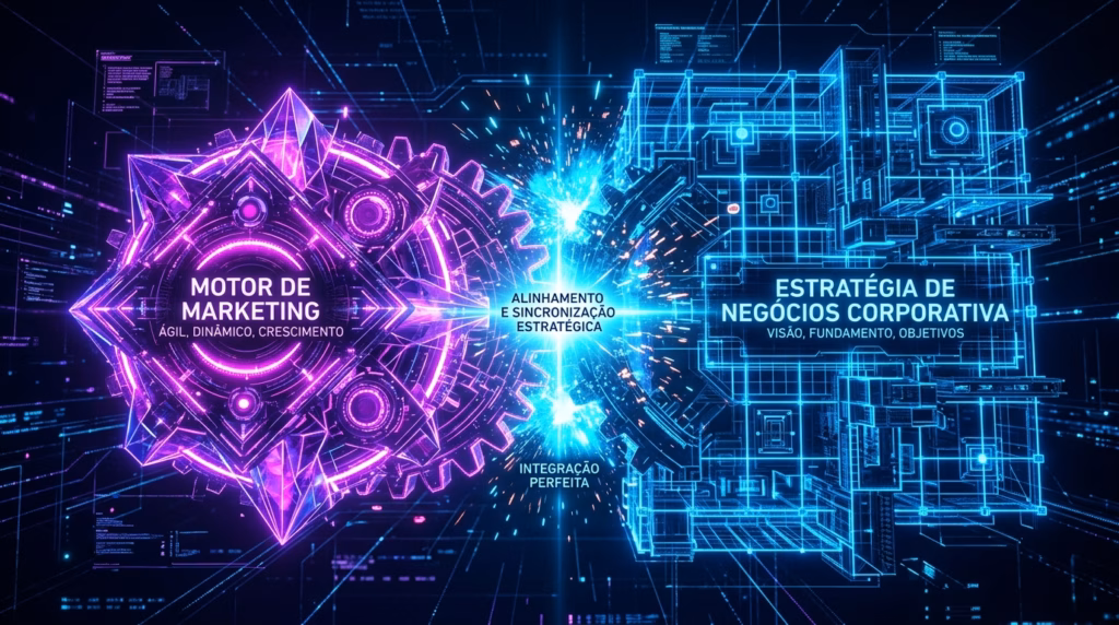 Ilustração digital futurista mostrando a colisão e conexão de duas grandes estruturas holográficas em um fundo escuro com linhas de dados. À esquerda, uma engrenagem circular e brilhante em tons de roxo exibe o texto "MOTOR DE MARKETING" com o subtítulo "ÁGIL, DINÂMICO, CRESCIMENTO". À direita, uma estrutura arquitetônica em formato de blocos e circuitos em azul neon exibe "ESTRATÉGIA DE NEGÓCIOS CORPORATIVA" e "VISÃO, FUNDAMENTO, OBJETIVOS". No centro, onde as duas partes se conectam gerando um intenso flash de luz azul, lê-se "ALINHAMENTO E SINCRONIZAÇÃO ESTRATÉGICA" e "INTEGRAÇÃO PERFEITA".