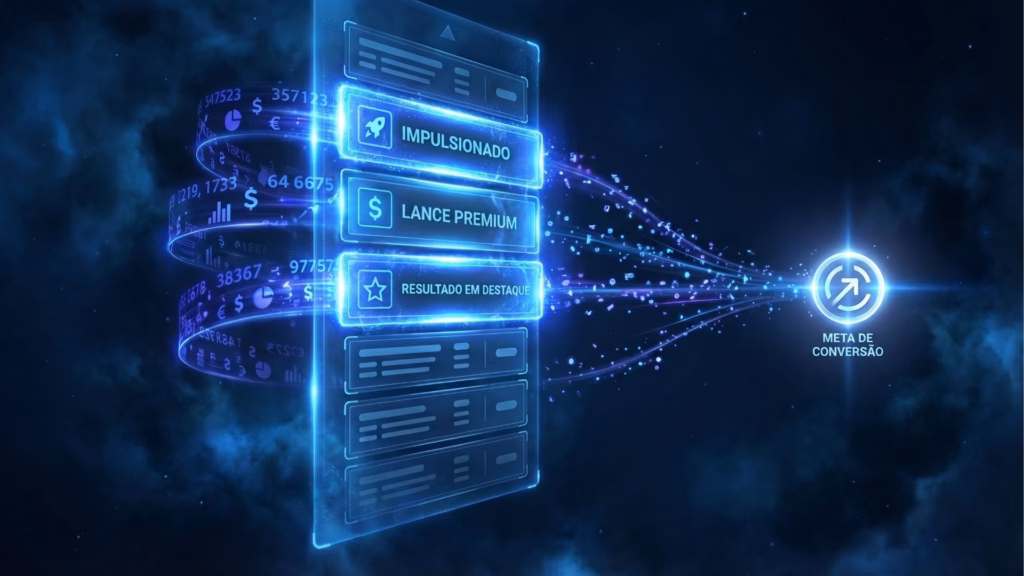 Painel digital holográfico flutuando no espaço escuro exibindo três botões destacados: "Impulsionado", "Lance Premium" e "Resultado em Destaque". Um fluxo de dados e partículas luminosas sai desses botões e converge para um ícone de alvo brilhante à direita com a inscrição "Meta de Conversão".