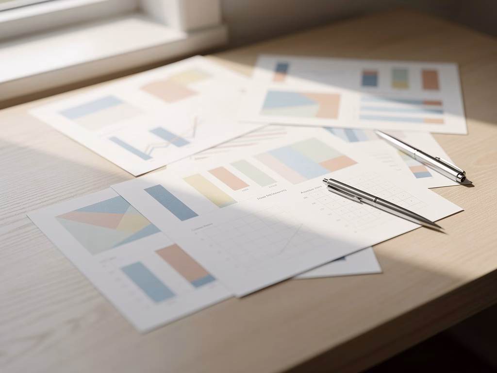 Spreadsheet data printed on paper with colored bar charts and efficiency metrics arranged on a light wooden desk