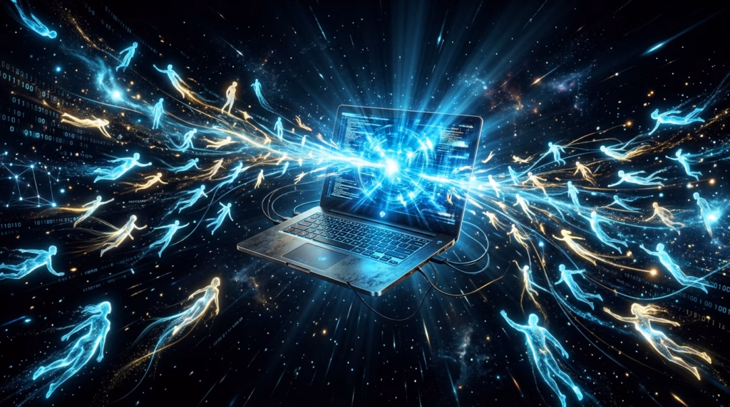 Ilustração digital mostrando um notebook aberto flutuando no espaço. Da tela do computador emana um feixe de luz azul e energia muito forte. Dezenas de pequenas figuras humanas brilhantes em tons de azul e dourado voam em direção à tela do notebook, atraídas magneticamente pela luz através de rastros luminosos.