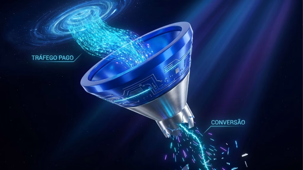 Ilustração 3D ambientada no espaço sideral escuro. Um grande fluxo de energia e dados digitais brilhantes em ciano, rotulado por uma linha como "TRÁFEGO PAGO", entra pela abertura larga de um funil futurista construído em metal e com detalhes em azul cibernético. A base estreita do funil está rachada e quebrada, deixando sair apenas um pequeno raio elétrico e algumas faíscas, rotulados como "CONVERSÃO", ilustrando uma grande perda de retenção.