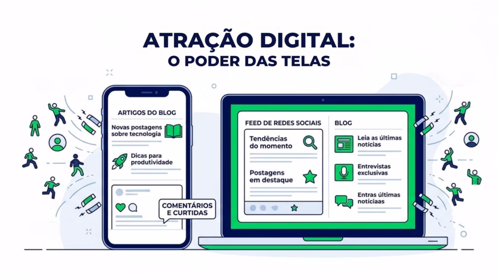 Ilustração com o título "ATRAÇÃO DIGITAL: O PODER DAS TELAS" em fundo claro. A imagem mostra um smartphone à esquerda e um notebook à direita. A tela do celular exibe uma seção de "Artigos do Blog" com dicas e comentários. A tela do notebook é dividida entre um "Feed de Redes Sociais" com tendências e um "Blog" com as últimas notícias. Ao redor dos dispositivos, pequenos bonecos verdes e azuis, representando usuários, estão sendo fisgados e puxados por ímãs em direção às telas.