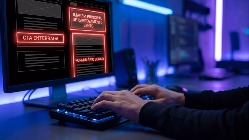 Fotografia de um ambiente de trabalho escuro iluminado por luzes neon em tons de azul e roxo. Em primeiro plano, as mãos de uma pessoa digitam em um teclado mecânico retroiluminado. No monitor à frente, é exibido o wireframe de uma página da web escura, onde problemas de usabilidade estão destacados por caixas de luz vermelha com os textos: "IMAGEM PRINCIPAL DE CARREGAMENTO LENTO", "CTA ENTERRADA" e "FORMULÁRIO LONGO".