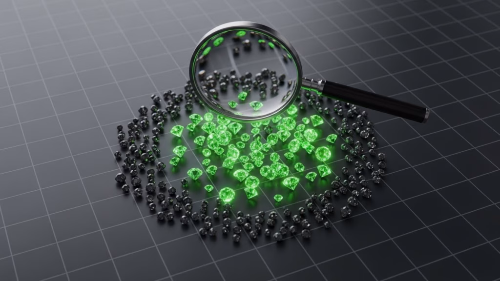 Imagem em close-up de uma lupa amplificando diamantes verdes que estão espalhados sobre uma superfície preta. Os diamantes verdes estão visivelmente destacados em contraste com os diamantes negros ao redor. A imagem transmite uma sensação de análise minuciosa e identificação de valor entre objetos semelhantes, sugerindo a ideia de detectar algo valioso em meio a muitos.