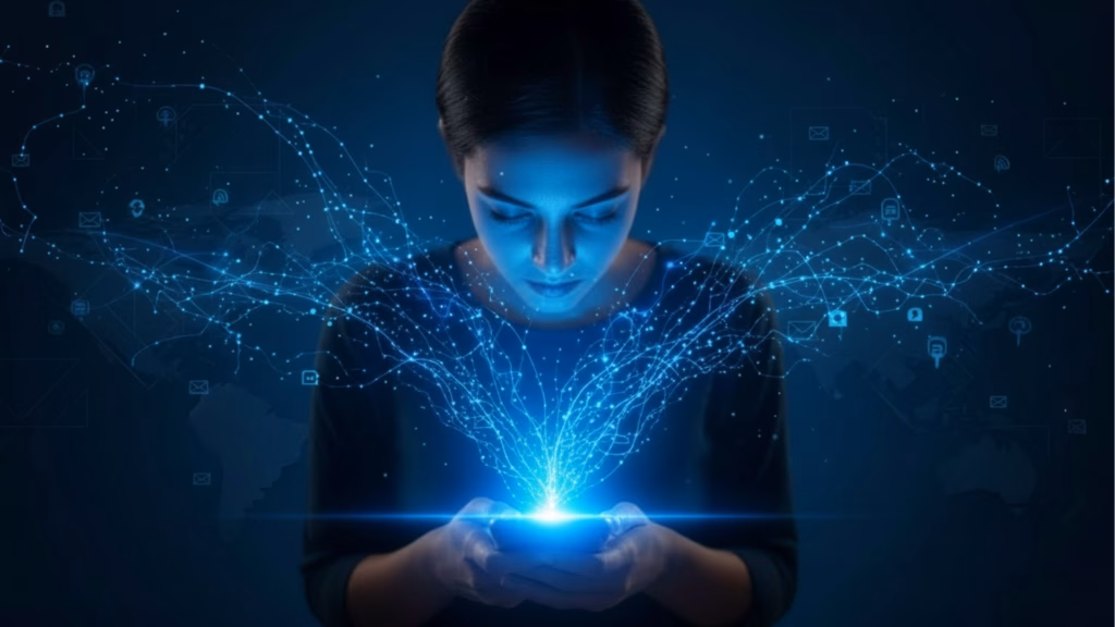 Mulher olhando para um celular do qual se projetam linhas e pontos luminosos em forma de rede, simbolizando fluxo de dados e conexão digital.