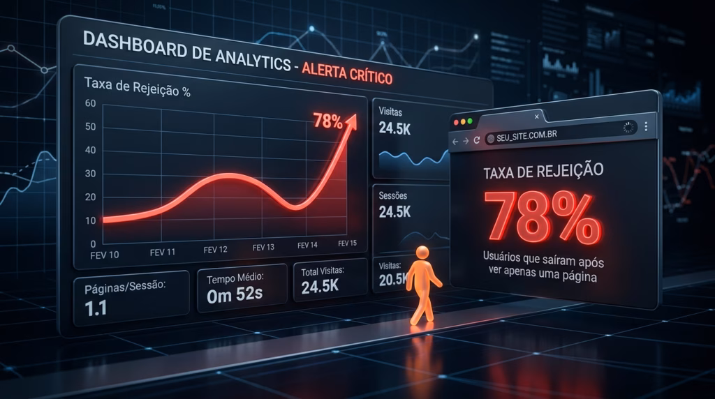 Uma visualização 3D futurista e escura de um dashboard de analítica sobre uma mesa de grade azul. O painel principal é preto com luzes de neon vermelhas e azuis e é intitulado "DASHBOARD DE ANALYTICS - ALERTA CRÍTICO". Ele exibe um gráfico de linha vermelho subindo acentuadamente, com um ponto de círculo brilhante em "78%" no topo. Texto de label em português inclui "Taxa de Rejeição %", "Visitas 24.5K", "Sessões 24.5K", "Páginas/Sessão 1.1", "Tempo Médio 0m 52s", e "Total Visitas 24.5K". Uma janela de navegador separada flutua à direita, mostrando explicitamente "TAXA DE REJEIÇÃO 78%" com o texto "Usuários que saíram após ver apenas uma página" e o URL "SEU_SITE.COM.BR". Um pequeno boneco laranja neon caminha sobre um caminho de luz no centro.