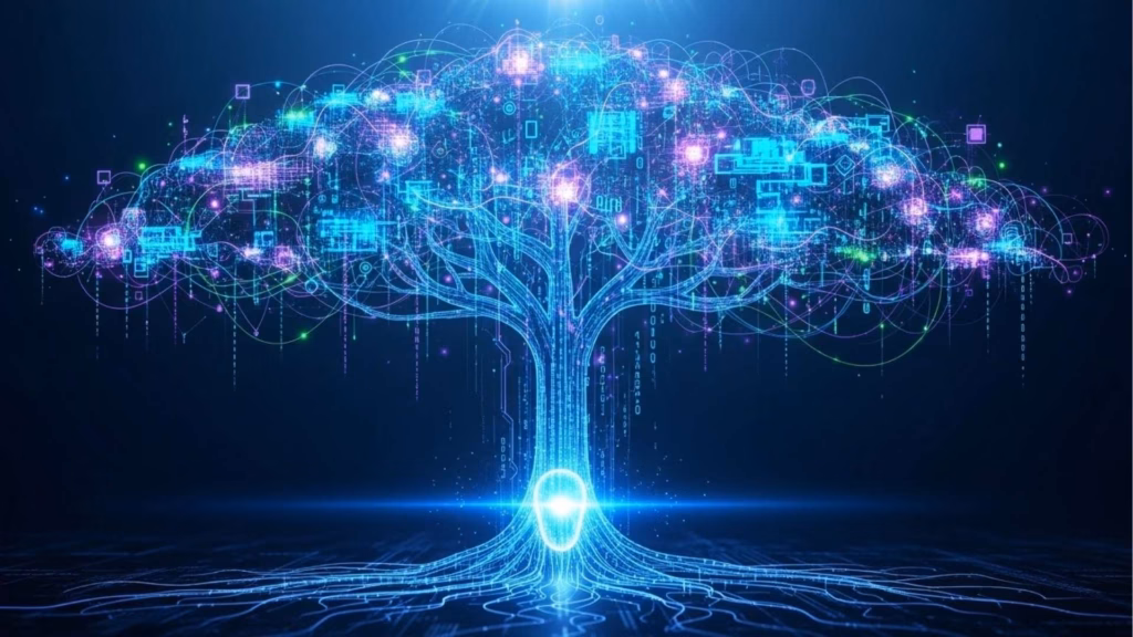 Uma árvore digital formada por dados e conexões, com ramificações brilhantes representando informações fluindo, simbolizando a interconexão e o crescimento de dados no mundo digital.