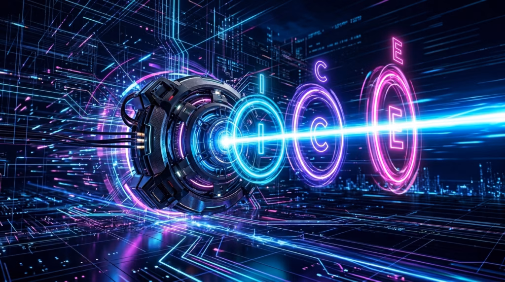 Uma visão abstrata e tecnológica dentro de um espaço wireframe cibernético, mostrando a transmissão de um sinal de energia potente. No lado esquerdo, um complexo hub mecânico e eletrônico de neon azul e rosa projeta um feixe de luz azul-branco intenso e concentrado. O feixe passa por três anéis holográficos concêntricos, cada um com uma letra de neon flutuante: um anel azul claro com a letra 'I', um anel púrpura com a letra 'C', e um anel rosa com a letra 'E', formando a palavra "ICE". O feixe de luz continua sua trajetória para a direita, estendendo-se em direção a uma paisagem urbana digital abstrata e distante, cercada por linhas de circuito luminosas e dados flutuantes.