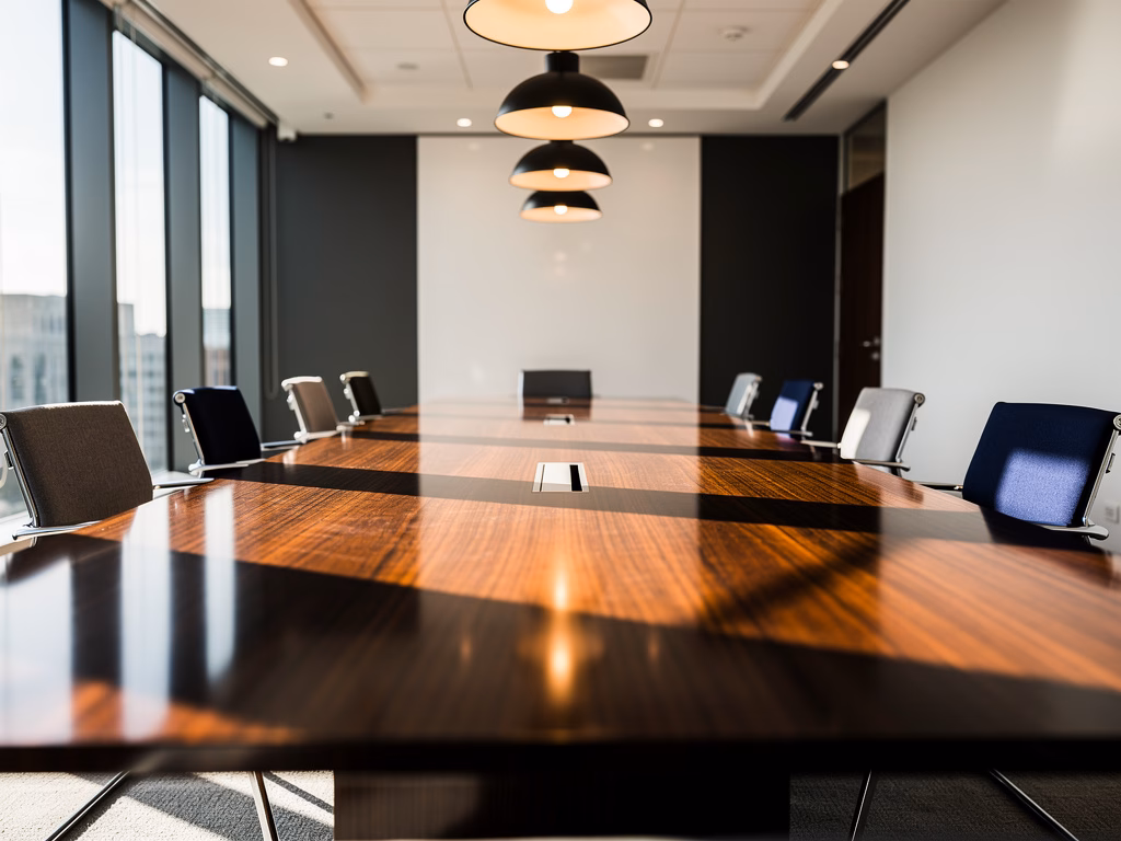 Empty modern boardroom with floor-to-ceiling windows casting long rectangular shadows across a polished conference table