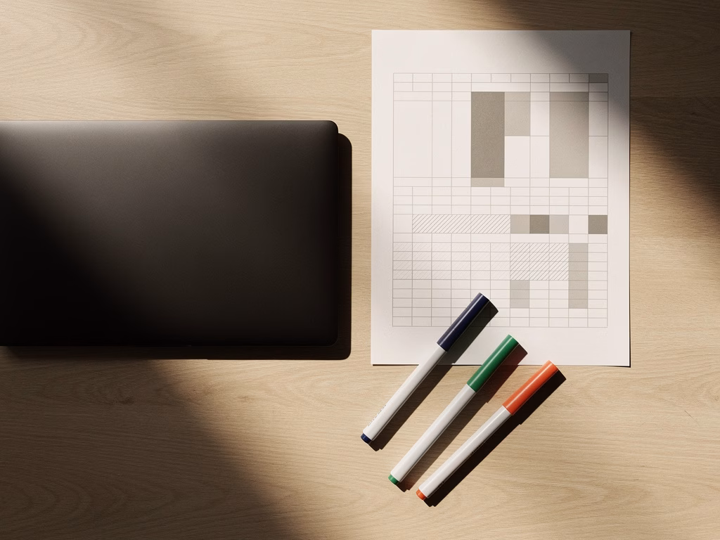 Overhead flat-lay of a tidy wooden desk with a printed grid report, a closed laptop, and colored marker caps