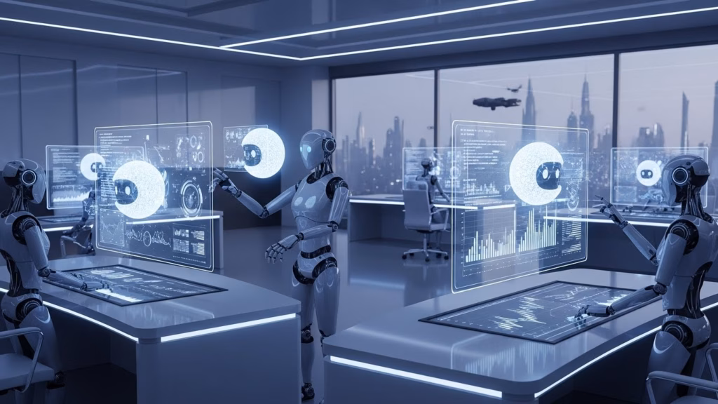 Robôs humanoides operando em um escritório moderno com telas holográficas, analisando dados e interagindo com interfaces gráficas avançadas.