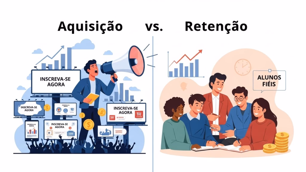 Uma comparação visual entre "Aquisição" e "Retenção". À esquerda, uma representação de estratégias de aquisição com anúncios e promoções, e à direita, uma imagem de estudantes fiéis e relacionamento contínuo, com gráficos de retenção e crescimento.