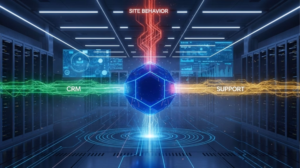 Representação de um servidor de dados (data center) com um núcleo central geométrico. Feixes de luz coloridos conectam o núcleo aos setores "CRM", "SUPPORT" e "SITE BEHAVIOR", simbolizando a integração de dados para personalização.