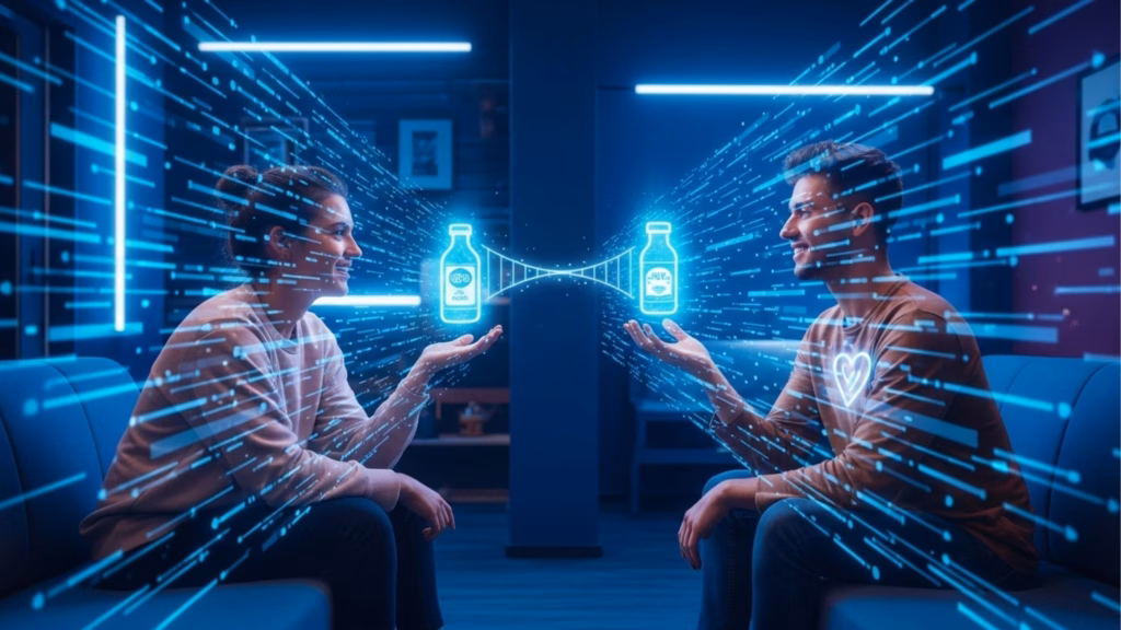Um homem e uma mulher sentados em um sofá, de perfil um para o outro, com hologramas de garrafas de suco flutuando sobre suas mãos. Linhas de dados conectam os produtos, representando a recomendação autêntica e a conexão direta entre influenciador e público.