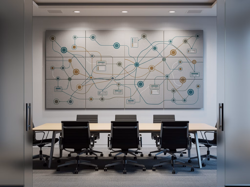 Modular wall panels with colored connector lines mapping a system architecture in an empty conference room