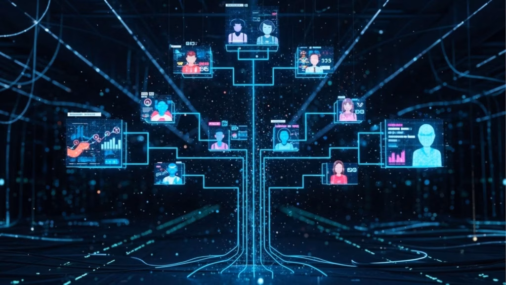 Uma árvore genealógica tecnológica composta por circuitos de luz azul, onde cada "fruto" é a foto de perfil de um usuário diferente. A imagem representa a expansão de uma rede de contatos, marketing de indicação e o crescimento estruturado de uma comunidade.
