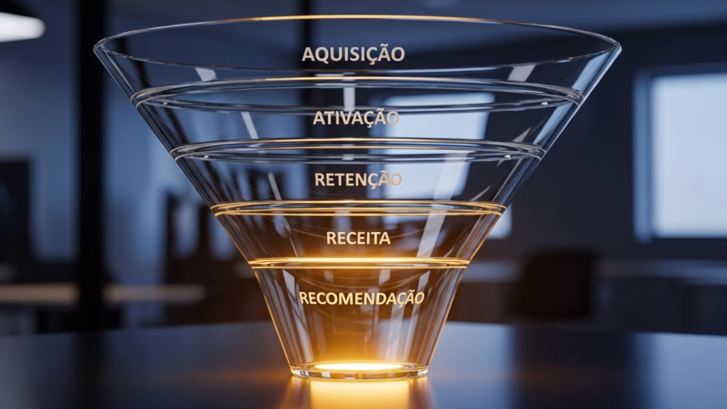 Imagem de um funil de vendas tridimensional, feito de vidro transparente, dividido em cinco seções: "Aquisição", "Ativação", "Retenção", "Receita" e "Recomendação". O fundo é suavemente iluminado, com o funil refletindo luz em sua base. A imagem simboliza o processo de conversão de leads em clientes fiéis, um conceito central no marketing digital.