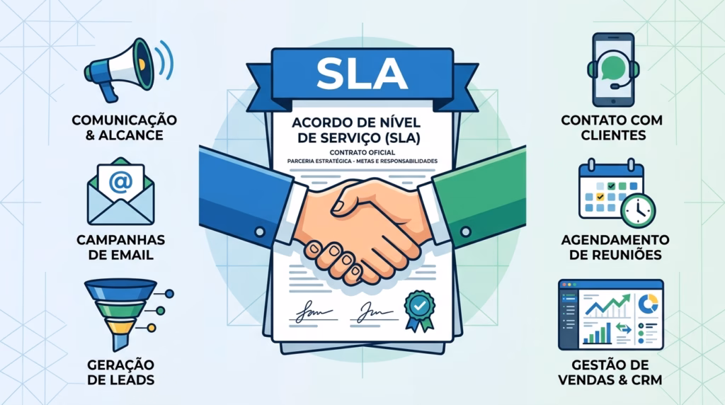 Um infográfico focado em alinhamento de processos. No centro, destaca-se um documento de contrato intitulado "SLA" (Acordo de Nível de Serviço), sobre o qual duas mãos em trajes formais (uma manga azul, outra verde) se apertam em um acordo. Ao redor do documento, há ícones divididos em dois lados. À esquerda, ícones representando ações de marketing: um megafone ("COMUNICAÇÃO & ALCANCE"), um envelope ("CAMPANHAS DE EMAIL") e um funil de dados ("GERAÇÃO DE LEADS"). À direita, ícones representando ações de vendas: um smartphone ("CONTATO COM CLIENTES"), um calendário com relógio ("AGENDAMENTO DE REUNIÕES") e um painel de gráficos ("GESTÃO DE VENDAS & CRM").