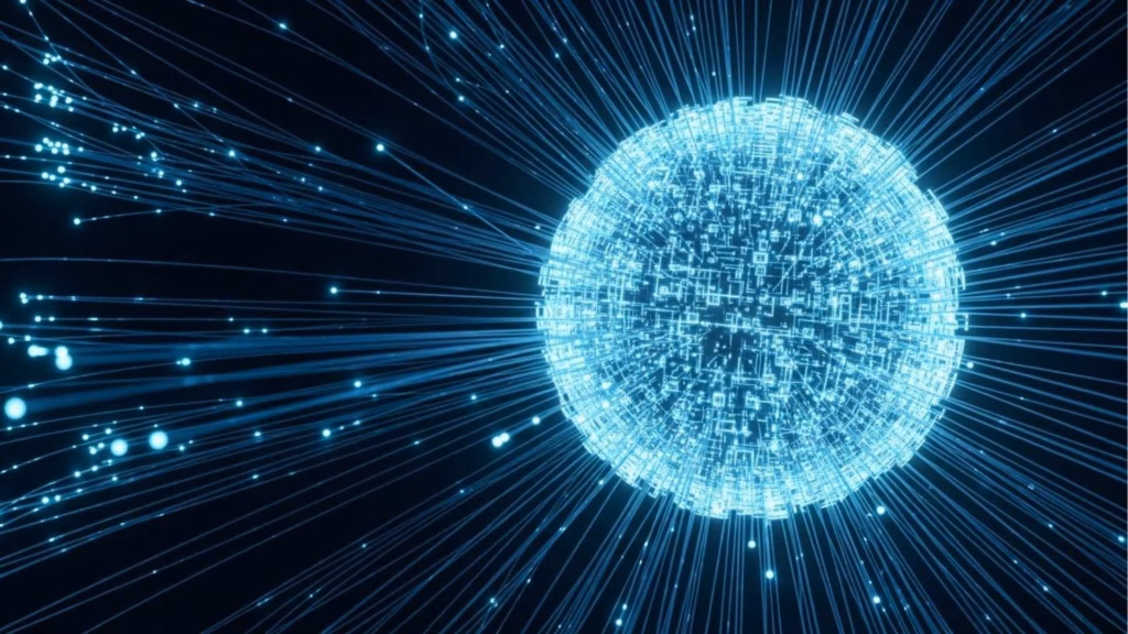 Esfera digital luminosa formada por linhas e formas geométricas azuis, com diversos feixes de luz irradiando em todas as direções.