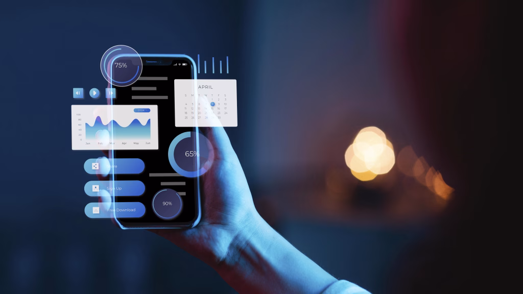 A person holding a phone with augmented reality-style data, including charts and calendars, displayed above the screen.