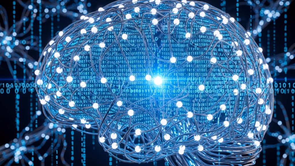 Imagem de um cérebro estilizado composto por fios luminosos conectados entre si, formando uma rede neural digital. O fundo é coberto por código binário (0s e 1s) e outras representações digitais, criando a impressão de inteligência artificial em funcionamento. A imagem simboliza a inteligência e o aprendizado de máquinas, associando a mente humana à tecnologia digital avançada.